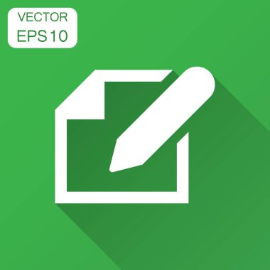 Not defteri kalem simgesi olan belgeyi Düzenle. Vektör çizim uzun gölge ile. İş kavramı Not sembol düzenleme.