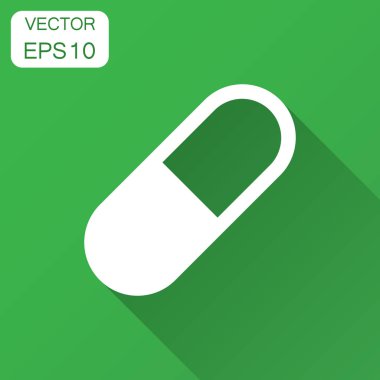 Düz stil hap vektör simgesi. Tablet illüstrasyon uzun gölge ile. Kapsül sağlık kavramı.