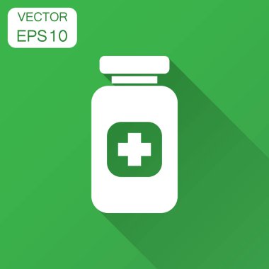 Düz stil hap vektör simgesi. Tablet illüstrasyon uzun gölge ile. Şişe tıp kavramı.