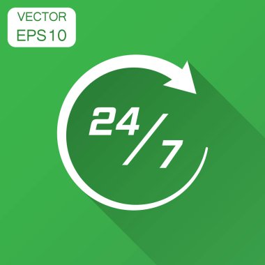 Yirmi dört saat saat simgesi düz tarzı. 24/7 hizmet zaman illüstrasyon uzun gölge ile. Saat işareti kavramı.