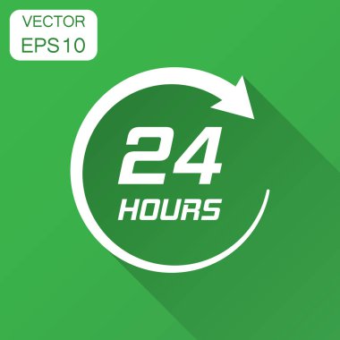 Yirmi dört saat saat simgesi düz tarzı. 24/7 hizmet zaman illüstrasyon uzun gölge ile. Saat işareti kavramı.