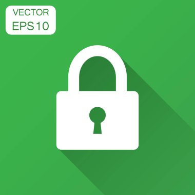 Asma kilit simgesi düz tarzı. Kilitleme, güvenlik illüstrasyon uzun gölge ile kilidini. Asma kilit iş kavramı.