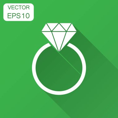 Elmas vektör simgesi düz tarzı ile nişan yüzüğü. Düğün takı halka illüstrasyon uzun gölge ile. Romantik ilişki kavramı.