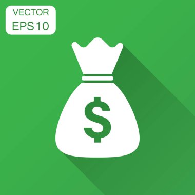 Para çantası düz stil vektör simgesi. Paran dolar işareti illüstrasyon uzun gölge ile. Para nakit çuval kavramı.