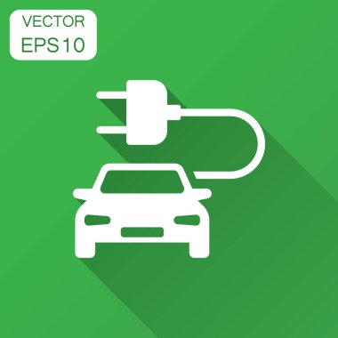 Elektro araba düz stil vektör simgesi. Elektrikli otomobil illüstrasyon uzun gölge ile. Ekoloji otomobil sedan kavramı.