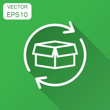 Kutu paket düz stil dönüş simgesi. Ok resimde uzun gölge ile teslimat kutusu. Kargo nakliye iş kavramı.