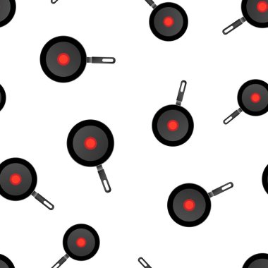 Gerçekçi kızartma tavası simgesi Dikişsiz desen arka plan. İş kavramı vektör çizim. Tavada mutfak sembolü desen.