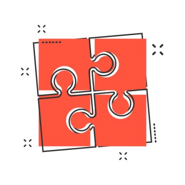 Çizgi roman tarzı çizgi film puzzle simgesi. Jigsaw işareti illüstrasyon piktogram. Bulmaca oyun splash iş kavramı.