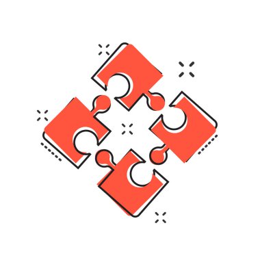 Çizgi roman tarzı çizgi film puzzle simgesi. Jigsaw işareti illüstrasyon piktogram. Bulmaca oyun splash iş kavramı.