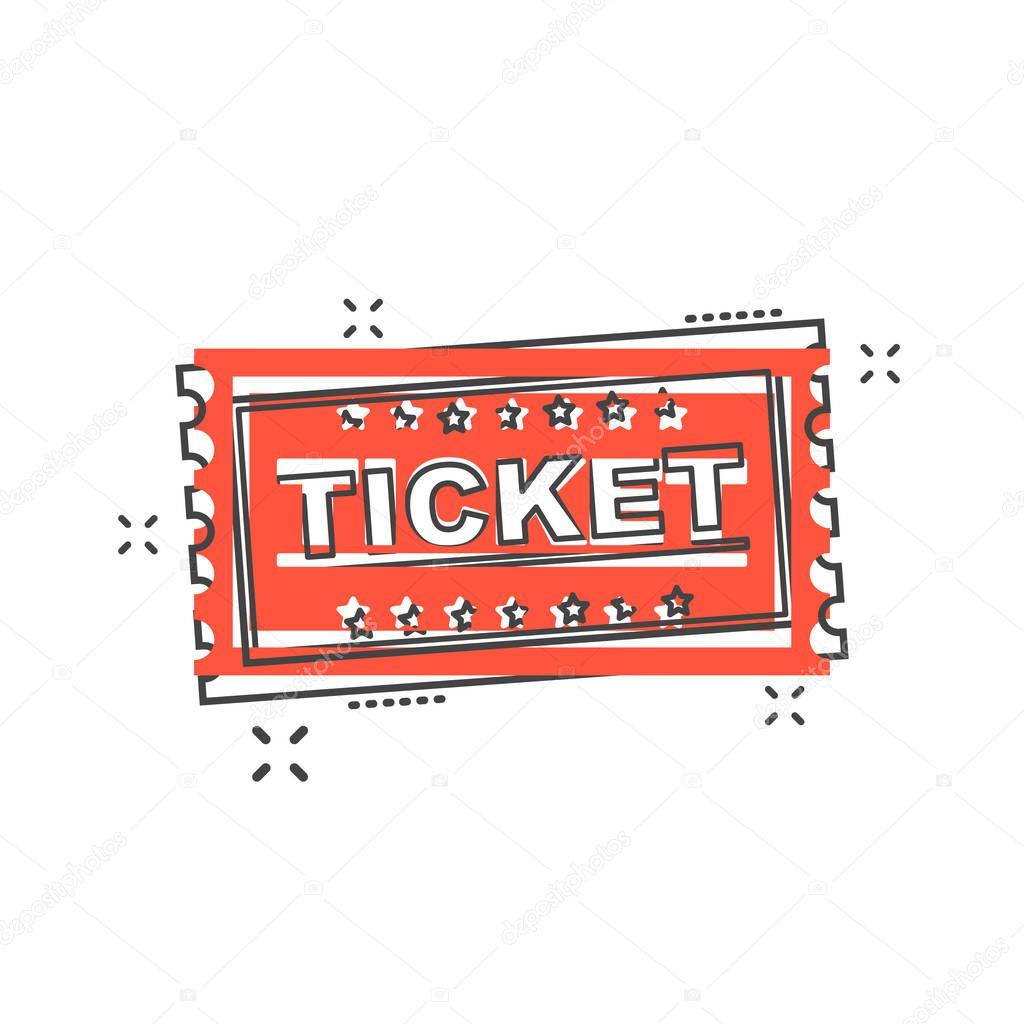 Cartoon ticket  icon in comic style. Admit one illustration pictogram. Ticket splash business concept.