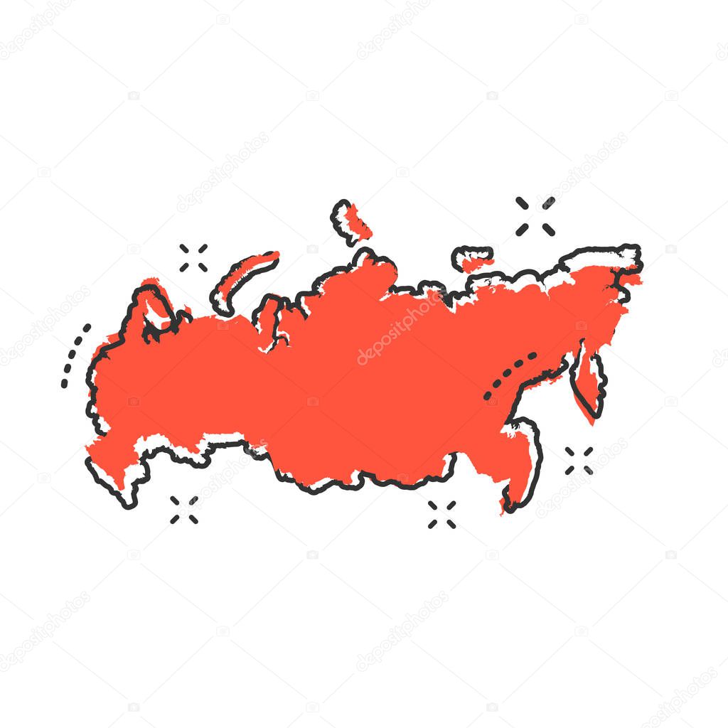 Cartoon Russia map icon in comic style. Russian Federation illustration pictogram. Country geography sign splash business concept.