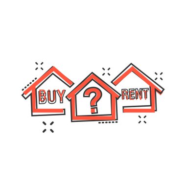 Vektör karikatür satın alma veya çizgi roman tarzında kiralık ev ikonu. Tabela resimli resim. Ev işi sıçrama etkisi konsepti.