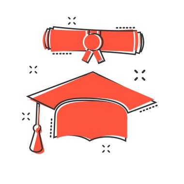 Vektör karikatür mezuniyet kep ve diploma çizgi stili simgesini ilerleyin. Eğitim işareti illüstrasyon piktogram. Kutlama iş sıçrama etkisi kavramı.