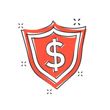 Çizgi roman gibi para simgesi olan vektör karikatür kalkanı. Kalkan işareti resimli resim. Dolar işi sıçrama etkisi konsepti.