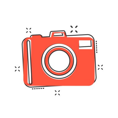 Çizgi roman tarzında vektör karikatür fotoğraf makinesi simgesi. Fotoğrafçı kamerası, resimli resim imzası. Kamera işi sıçrama etkisi konsepti.