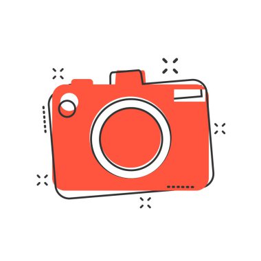 Çizgi roman tarzında vektör karikatür fotoğraf makinesi simgesi. Fotoğrafçı kamerası, resimli resim imzası. Kamera işi sıçrama etkisi konsepti.
