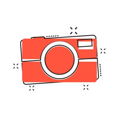 Çizgi roman tarzında vektör karikatür fotoğraf makinesi simgesi. Fotoğrafçı kamerası, resimli resim imzası. Kamera işi sıçrama etkisi konsepti.