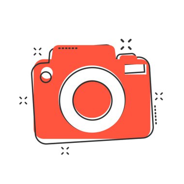 Çizgi roman tarzında vektör karikatür fotoğraf makinesi simgesi. Fotoğrafçı kamerası, resimli resim imzası. Kamera işi sıçrama etkisi konsepti.