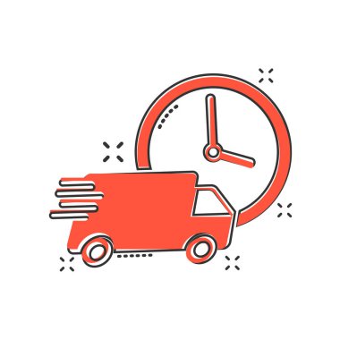 Vektör karikatür dağıtım kamyonu 24 saat karikatür tarzında. 24 saat hızlı teslimat, kargo, resimli resim tabelası. Araba minibüsü işi sıçrama efekti kavramı.