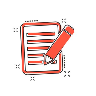 Çizgi roman tarzında kalem simgesi olan vektör çizgi film belgesi. Kalem işaretli resimli not. Not defteri iş sıçrama efekti kavramı.