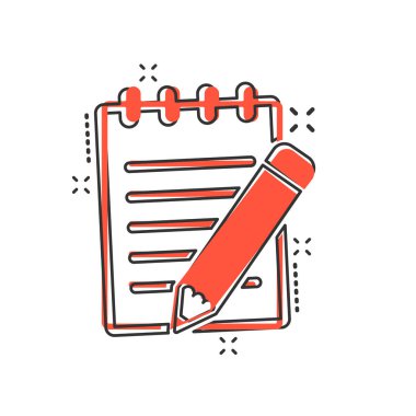 Çizgi roman tarzında kalem simgesi olan vektör çizgi film belgesi. Kalem işaretli resimli not. Not defteri iş sıçrama efekti kavramı.