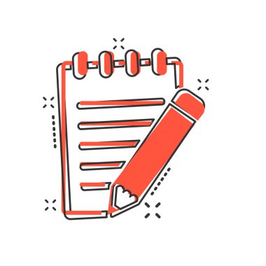 Çizgi roman tarzında kalem simgesi olan vektör çizgi film belgesi. Kalem işaretli resimli not. Not defteri iş sıçrama efekti kavramı.