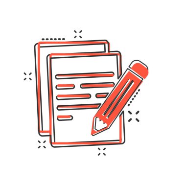 Çizgi roman tarzında kalem simgesi olan vektör çizgi film belgesi. Kalem işaretli resimli not. Not defteri iş sıçrama efekti kavramı.