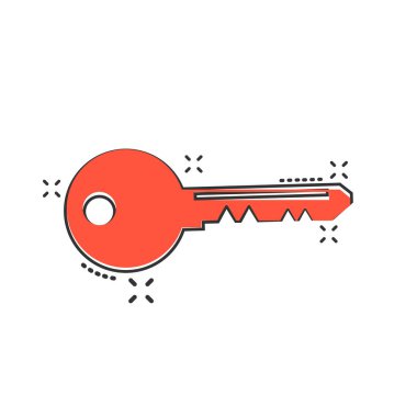 Çizgi roman tarzında vektör çizgi film anahtar simgesi. Tabela resimli resmin kilidini aç. Özel güvenli anahtar iş sıçrama etkisi konsepti.