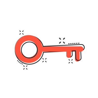 Çizgi roman tarzında vektör çizgi film anahtar simgesi. Tabela resimli resmin kilidini aç. Özel güvenli anahtar iş sıçrama etkisi konsepti.