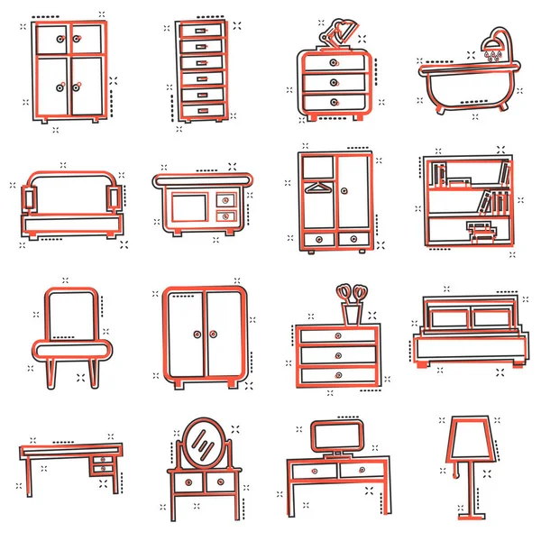 Vektör Karikatür Mobilya Çizgi Roman Tarzında Icon Set Işareti Illüstrasyon — Stok Vektör
