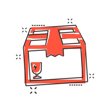 Çizgi roman tarzında vektör karton kutu simgesi. Nakliye paketi resimli resim çizimi. Kutu işi sıçrama etkisi konsepti.