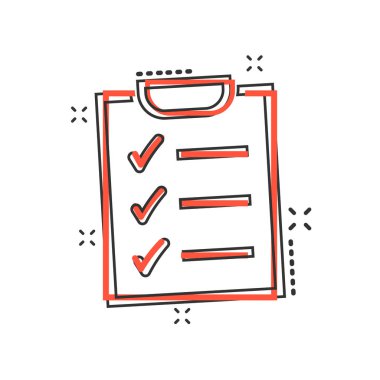 Çizgi roman tarzında liste simgesi yapmak için vektör karikatürü. Kontrol listesi, görev listesi resim çizelgesi imzası. İş sıçrama etkisi kavramını anımsatma.