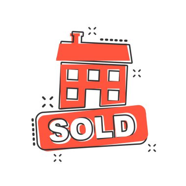 Vektör karikatürü çizgi roman tarzında ev ikonu satıyordu. Tabela resimli resim satıldı. Ticari sıçrama etkisi konsepti satın alınması.