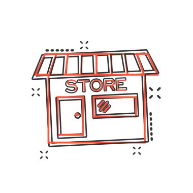 Çizgi roman evi simgesini komik bir şekilde taşıyın. Tabela resimli resim çizimi. Mağaza piyasası sıçrama etkisi kavramı.