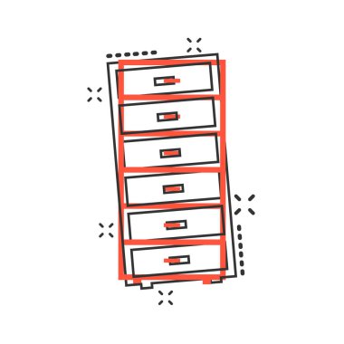 Vektör çizgi film dolap mobilya simgesi çizgi roman tarzı. Mobilya işareti illüstrasyon piktogram. Dolap iş sıçrama etkisi kavramı.