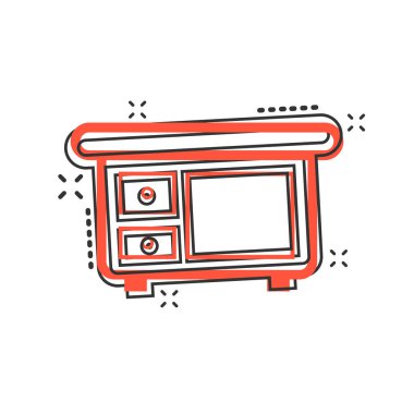 Vektör çizgi film dolap mobilya simgesi çizgi roman tarzı. Mobilya işareti illüstrasyon piktogram. Dolap iş sıçrama etkisi kavramı.