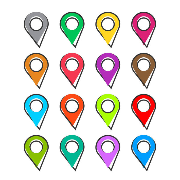 Vector cartoon set pin location icon in comic style. Navigation map, gps sign illustration pictogram. Pin business splash effect concept.