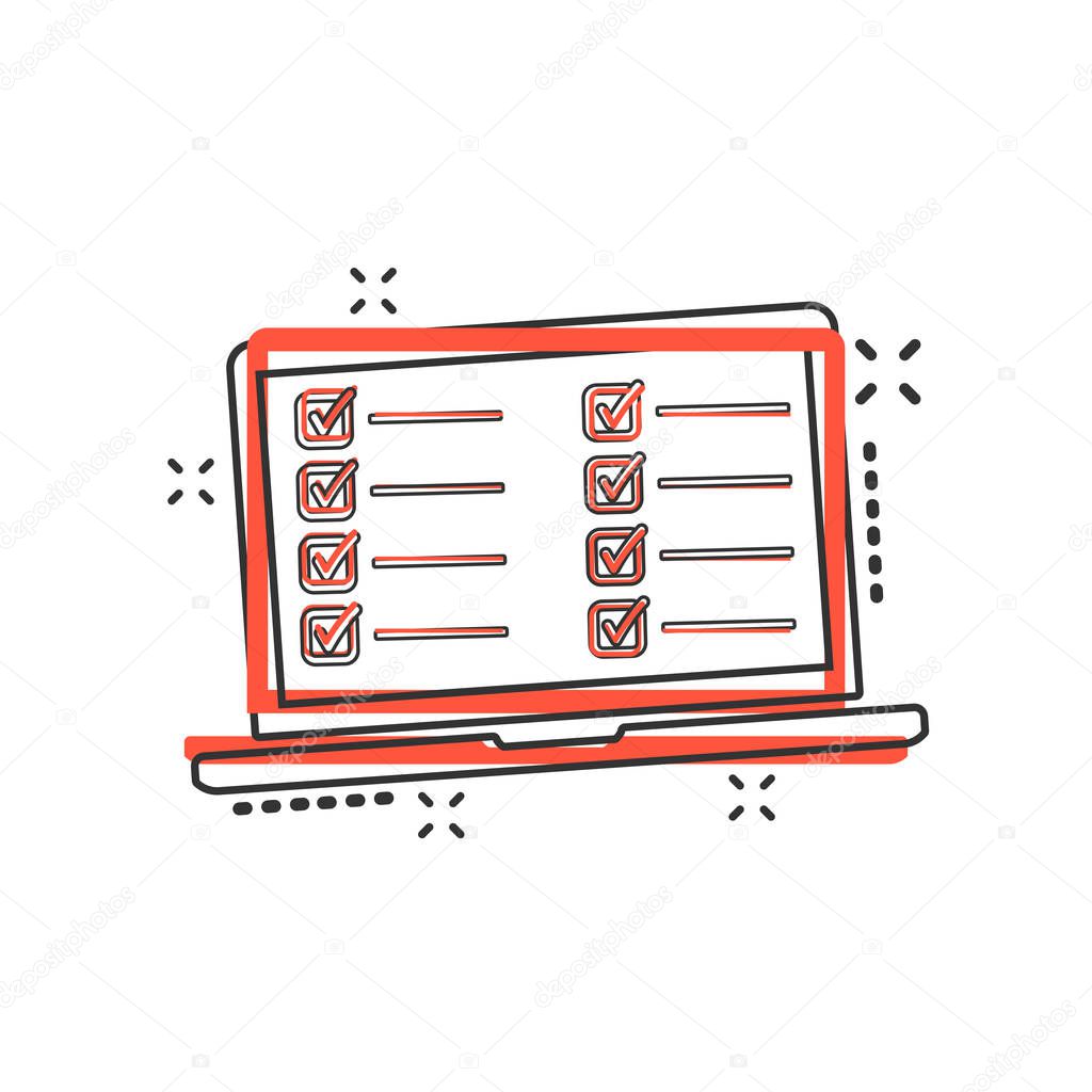 Vector cartoon checklist with notebook icon in comic style. Checklist, task list sign illustration pictogram. To do list business splash effect concept.