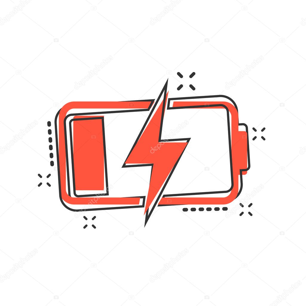 Vector cartoon battery charge level indicator sign icon in comic style. Battery sign illustration pictogram. Accumulator business splash effect concept.