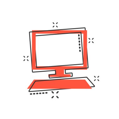Çizgi roman tarzında vektör çizgi film simgesi. Monitör resimli resim imzası. Bilgisayar işi sıçrama etkisi konsepti.