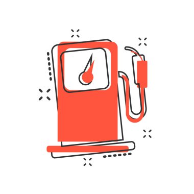 Vektör karikatür benzin istasyonu ikonu komik bir şekilde. Benzin pompası tabelası resimli resim. Yakıt işi sıçrama etkisi konsepti.
