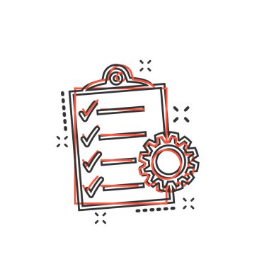 Çizgi roman tarzında vektör karikatür simgesi. Proje yönetimi resimli resim imzaladı. Vites işi sıçrama etkisi konseptiyle liste yapmak için.