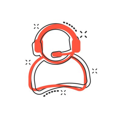 Çizgi roman tarzında mikrofon ikonu olan vektör karikatür operatörü. Çağrı merkezindeki resim çizim operatörü. İnsanlar iş dünyasının sıçrama etkisi kavramını.