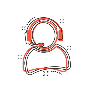 Çizgi roman tarzında mikrofon ikonu olan vektör karikatür operatörü. Çağrı merkezindeki resim çizim operatörü. İnsanlar iş dünyasının sıçrama etkisi kavramını.