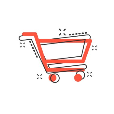 Vector çizgi film alışveriş arabası ikonu, komik tarzda. Alışveriş poşeti resimli resim tabelası. Alışveriş merkezi sıçrama etkisi konsepti.