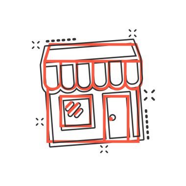 Vektör karikatür mağazası simgesi. Dükkan binası resimli resim tabelası. Alışveriş merkezi sıçrama etkisi konsepti.