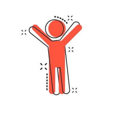 Vektör çizgi filmi, elleri havada, çizgi roman tarzında mutlu bir adam. İnsanlar resimli tabela imzalamaktan mutlu. Erkek işi sıçrama etkisi konsepti.