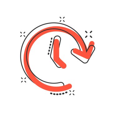 Vektör çizgi film saat saat simgesi çizgi roman tarzı. Zamanlayıcı 24 saat işareti illüstrasyon piktogram. Saat yönünde iş sıçrama etkisi kavramı.