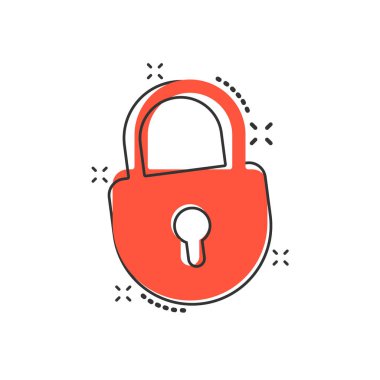 Vektör karikatür kilit simgesi çizgi roman tarzında. Asma kilit tabela resimli resim. Asma kilit iş sıçrama etkisi konsepti.