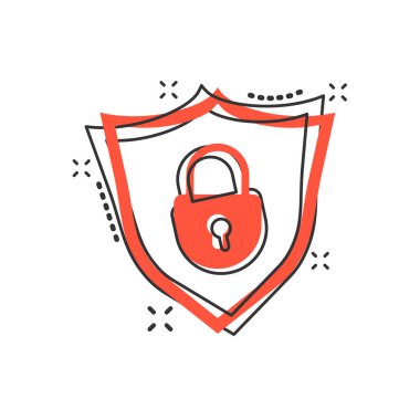 Vektör karikatür kilit kalkan güvenlik simgesi çizgi roman tarzı ile. Asma kilit işareti illüstrasyon piktogram. Kalkan iş sıçrama etkisi kavramı.